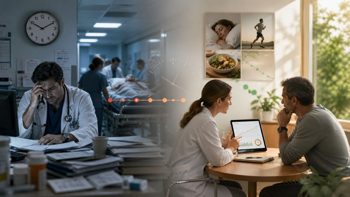 Left: Doctor in the old system being overworked. Right: Doctor in the new system having enough time per patient