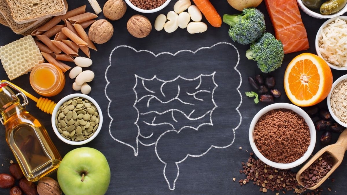 Illustration des Darms auf einer Tafel, umgeben von ballaststoffreichen und darmfreundlichen Lebensmitteln wie Gemüse, Hülsenfrüchten, Nüssen, Saaten, Haferflocken, Olivenöl, Brot, Brokkoli, Lachs und Orange.