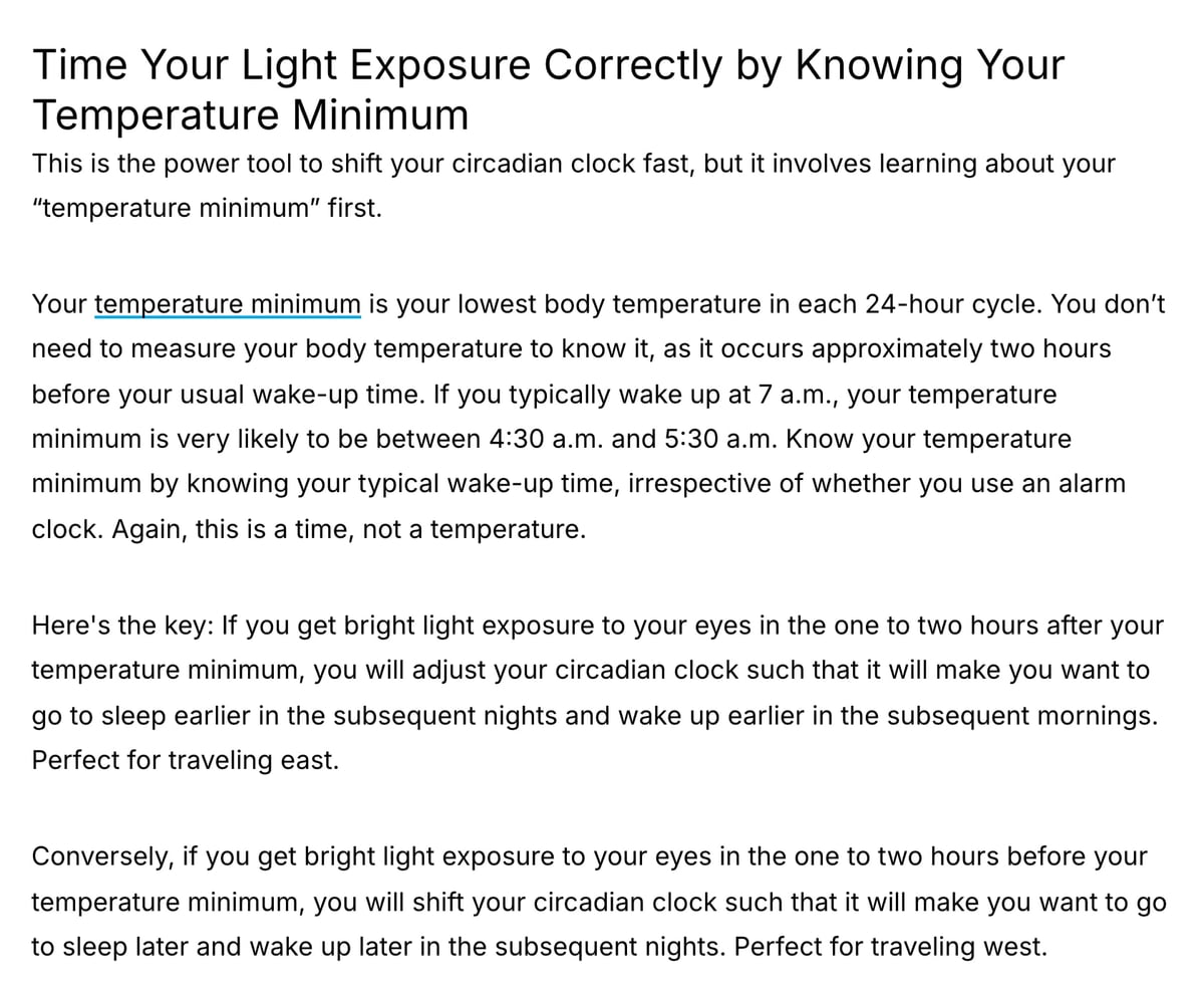 Screenshot aus dem Huberman-Lab-Newsletter über die Zeitplanung von Licht anhand des Temperaturtiefs