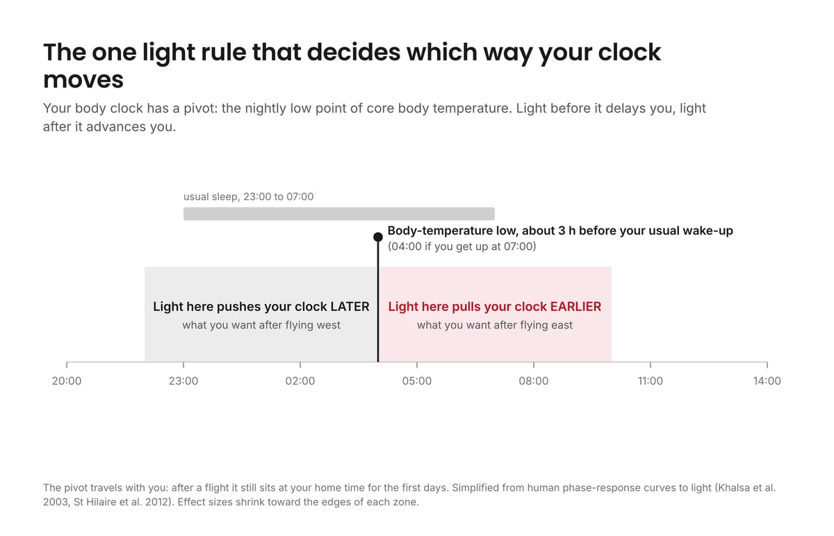 Timeline showing the body temperature low with a delay zone before it and an advance zone after it