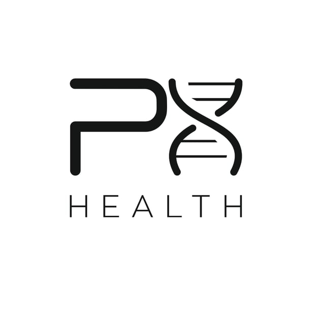 PX Health Logo: ein schwarzes P, verbunden mit einer DNA-Doppelhelix, darunter das Wort Health